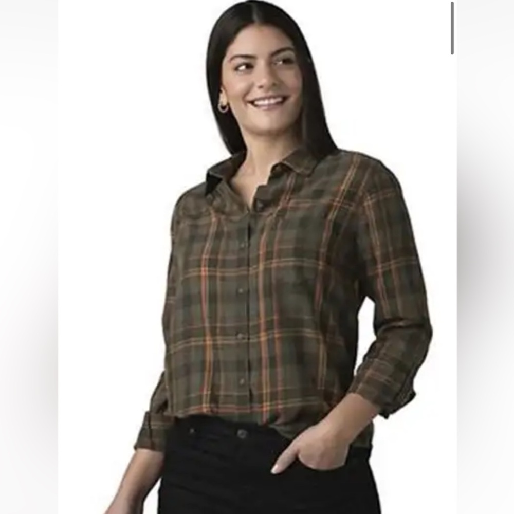 PrAna Alfie Flannel Women's Long Sleeve Shirt. Color Evergreen. Size Small.